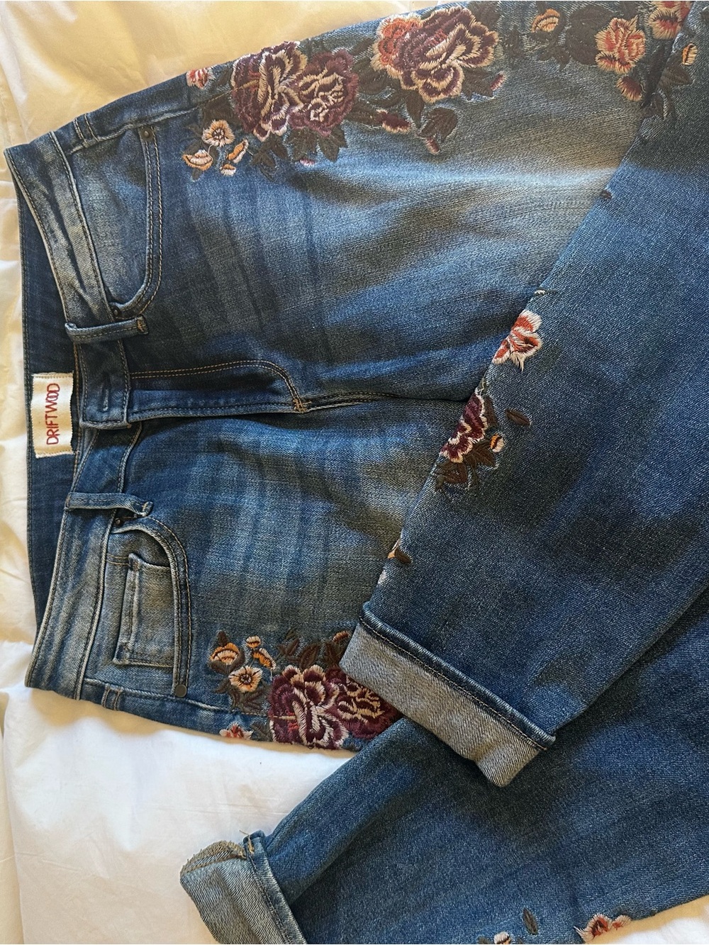 DRIFTWOOD Blue Slim Jeans with Embroidered Floral Accents